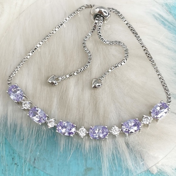 Rhodium plated Sterling Silver Purple Clear Crystal Link Bracelet 10g Fits Most - Picture 1 of 8
